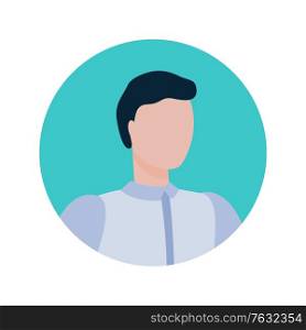 Broker face portrait in round frame isolated cartoon style person. Vector faceless male online consultant profile view, executive worker economist character. Broker Face Portrait in Frame Isolated Character