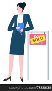 Broker real estate agent in suit with board for sale and sold. Vector consultant on rent, business realtor, property manager with folder in hands isolated. Woman Real Estate Agent in Suit, Board for Sale