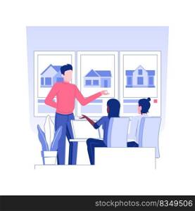 Broker service isolated concept vector illustration. Real estate agent showing property catalog to clients, brokerage company business, explore the market, see offers vector concept.. Broker service isolated concept vector illustration.