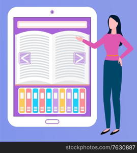 Broker woman showing ebook on tablet, modern technology. Portrait view of female worker communication with wireless device, manager presenting. Online education. Vector in flat cartoon style. Ebook or Tablet Device, Broker Presenter Vector