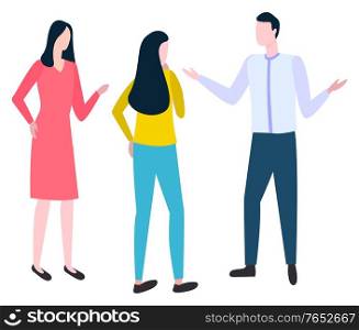 Brokers and hucksters, stockbrokers or bill-brokers isolated. Collaboration of colleagues, vector consulting man and woman discussing business issues. Brokers and Hucksters Stockbrokers or Bill-Brokers