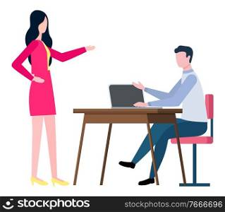 Brokers collaboration isolated cartoon people. Training at work controlling supervisor. Vector male sitting on chair at desk and boss supervising employer. Training at Work Controlling Supervisor, Brokers