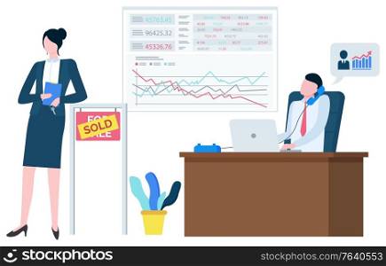 Brokers collaboration of man and woman, board with capital report. Manager calling and working with laptop, investment and income, business strategy vector. Business Work, Broker Agent, Finance Report Vector