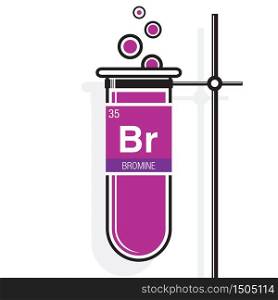 Bromine symbol on label in a magenta test tube with holder. Element number 35 of the Periodic Table of the Elements - Chemistry