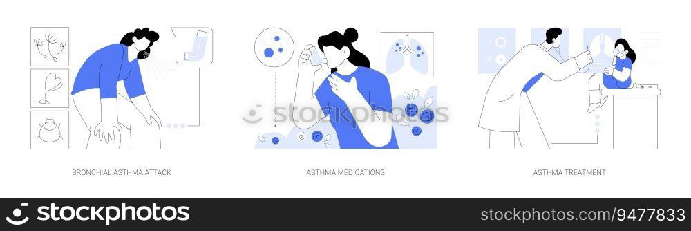 Bronchial asthma abstract concept vector illustration set. Bronchial asthma attack, medications and treatment, pulmonary disease diagnosis, bronchial aerosol, shortness of breath abstract metaphor.. Bronchial asthma abstract concept vector illustrations.