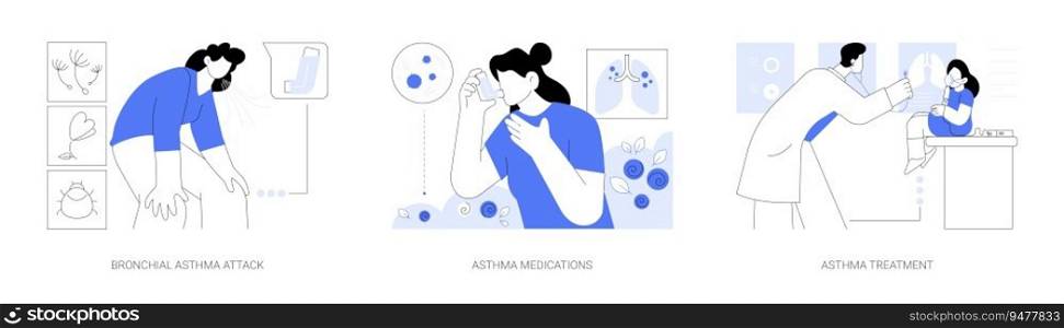 Bronchial asthma abstract concept vector illustration set. Bronchial asthma attack, medications and treatment, pulmonary disease diagnosis, bronchial aerosol, shortness of breath abstract metaphor.. Bronchial asthma abstract concept vector illustrations.