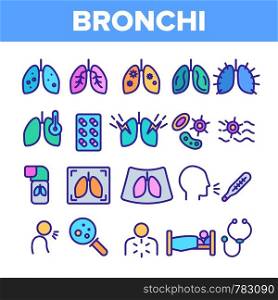 Bronchitis, Allergic Asthma Symptoms Vector Linear Icons Set. Bronchi, Respiratory Disease. Lungs, Human Internal Organs Outline Symbols Pack. Cough Treatment Isolated Contour Illustrations. Bronchitis, Allergic Asthma Symptoms Vector Linear Icons Set