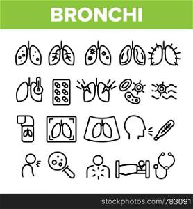 Bronchitis, Allergic Asthma Symptoms Vector Linear Icons Set. Bronchi, Respiratory Disease. Lungs, Human Internal Organs Outline Symbols Pack. Cough Treatment Isolated Contour Illustrations. Bronchitis, Allergic Asthma Symptoms Vector Linear Icons Set