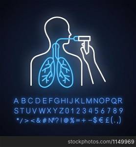 Bronchoscopy neon light icon. Airway check. Lung examination. Medical procedure. Chest endoscopy. Illness diagnosis. Glowing sign with alphabet, numbers and symbols. Vector isolated illustration
