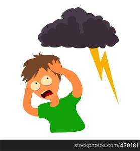 Brontophobia concept. Cartoon illustration of a man suffering from the fear of thunderstorm. Brontophobia concept, cartoon illustration