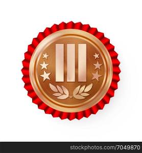 Bronze 3st Place Rosette, Badge, Medal Vector. Realistic Achievement With Third Placement. Round Championship Label With Red Rosette. Ceremony Winner Honor Prize. Sport Bronze Challenge Trophy Award. Bronze 3st Place Rosette, Badge, Medal Vector. Realistic Achievement With Third Placement. Round Championship Label With Red Rosette. Ceremony Winner Honor Prize