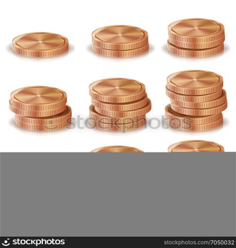 Bronze, Copper Coins Stacks Vector. Silver Finance Icons, Sign, Success Banking Cash Symbol. Realistic Isolated Illustration. Bronze, Copper Coins Stacks Vector. Silver Finance Icons, Sign, Success Banking Cash Symbol. Investment Concept. Realistic Currency Isolated Illustration