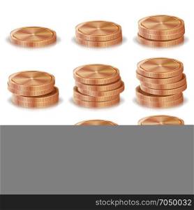Bronze, Copper Coins Stacks Vector. Silver Finance Icons, Sign, Success Banking Cash Symbol. Realistic Isolated Illustration. Bronze, Copper Coins Stacks Vector. Silver Finance Icons, Sign, Success Banking Cash Symbol. Investment Concept. Realistic Currency Isolated Illustration