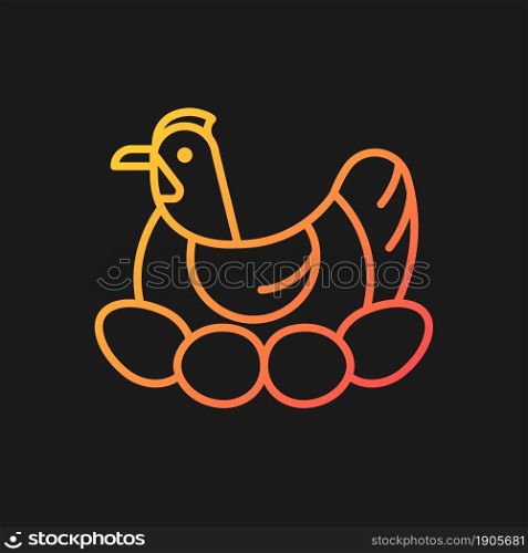 Brood hen gradient vector icon for dark theme. Bird sitting on egg clutch to incubate chicks. Brooding chicken. Thin line color symbol. Modern style pictogram. Vector isolated outline drawing. Brood hen gradient vector icon for dark theme