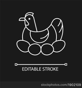 Brood hen linear icon for dark theme. Bird sitting on egg clutch to incubate chicks. Nesting fowl. Thin line customizable illustration. Isolated vector contour symbol for night mode. Editable stroke. Brood hen linear icon for dark theme