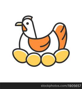 Brood hen RGB color icon. Bird sitting on egg clutch to incubate chicks. Nesting fowl. Brooding chicken. Poultry selection and farming. Isolated vector illustration. Simple filled line drawing. Brood hen RGB color icon