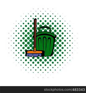 Broom and bucket comics icon isolated on a white . Broom and bucket comics icon