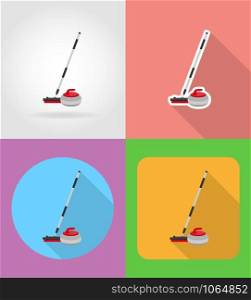 broom and stone for curling flat icons vector illustration isolated on background
