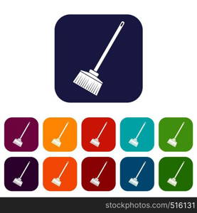 Broom icons set vector illustration in flat style in colors red, blue, green, and other. Broom icons set