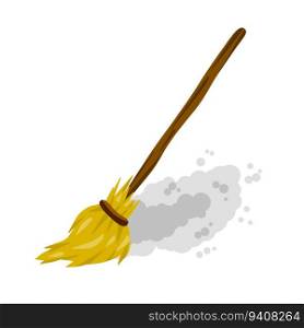 Broom. Rustic item for house cleaning. element of witch. Cartoon flat illustration. Sweeping and Old wooden MOP in wooden handle. Broom. Rustic item for house cleaning