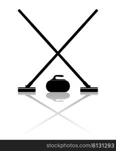 Brooms and stone for curling with reflection on a white background. Vector illustration.