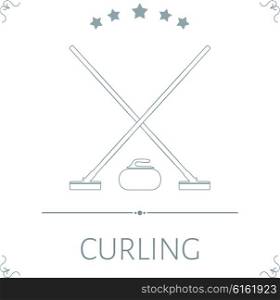 Brooms and stone for curling with stars on a white background. Vector illustration.