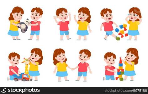 Brother and sister fight. Cartoon siblings angry, quarrel and cry. Kids fighting over a toy, playing together and holding hands vector set. Arguing boy and girl having rivalry, conflict. Brother and sister fight. Cartoon siblings angry, quarrel and cry. Kids fighting over a toy, playing together and holding hands vector set