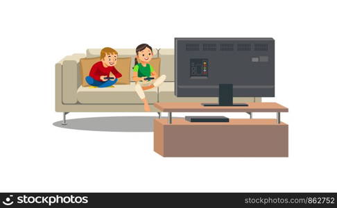Brother and Sister Sitting on Sofa in Front of TV with Gamepads, Playing Video Game Cartoon Vector Illustration Isolated on White Background. Children Addicted from Computer Games. Sedentary Lifestyle
