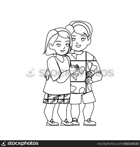 brother and sister vector. child happy girl, hug young siblings, family lifestyle brother and sister character. people black line pencil drawing vector illustration. brother and sister vector