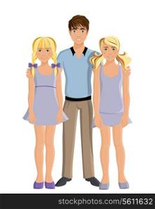 Brother and two twin sisters young kids teenagers portrait on white background vector illustration