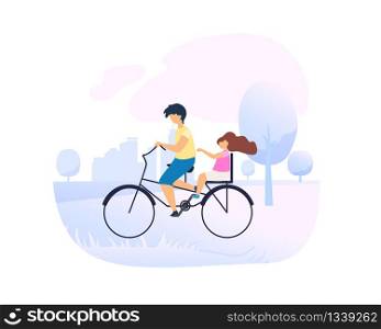 Brother Drives Little Sister on Bike in Beautiful City Park. Good Weather is Learning Ride Vector Flat Illustration Memory Past. Daily Trainings Summer in Fresh Air Good for Lugs Lifestyle