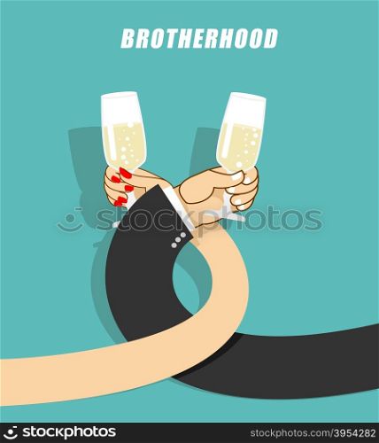 Brotherhood to drink alcohol. Man and woman drinking champagne. Goblets with sparkling wine. Mens hand in jacket. Female hand. Coiling hands. First date.&#xA;