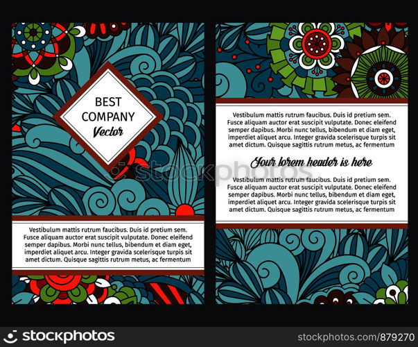 Brouchure design template for company with blue floral and swirls decorative pattern, vector illustration. Brouchure with blue floral pattern