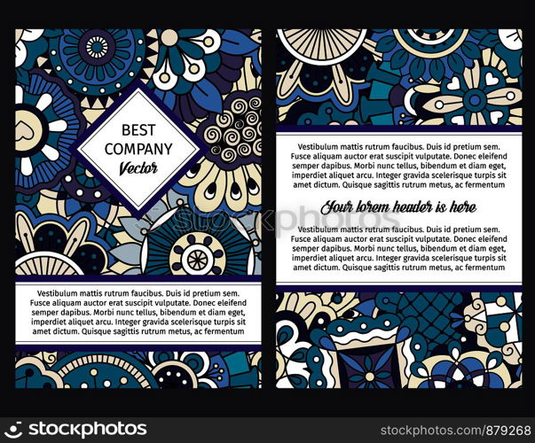 Brouchure design template for company with Blue floral outline ornamental pattern in ethnic style, vector illustration. Brouchure with blue floral ethnic pattern