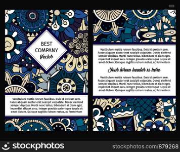 Brouchure design template for company with Blue floral outline ornamental pattern in ethnic style, vector illustration. Brouchure with blue floral ethnic pattern