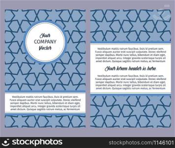 Brouchure design template for company with blue geometric pattern with linear elements, vector illustration. Brouchure with blue geometric pattern
