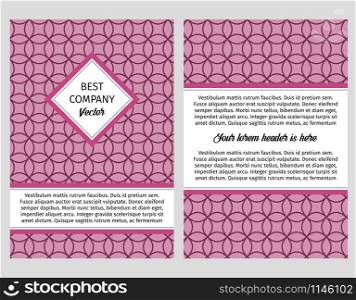 Brouchure design template for company with bright lilac background with circular violet linear pattern, vector illustration. Brouchure with circular violet linear pattern