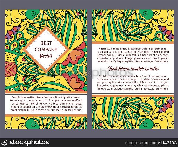 Brouchure design template for company with colorful decorative floral pattern, vector illustration. Brouchure design with colorful floral pattern