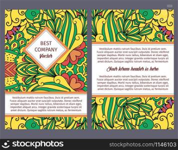 Brouchure design template for company with colorful decorative floral pattern, vector illustration. Brouchure design with colorful floral pattern