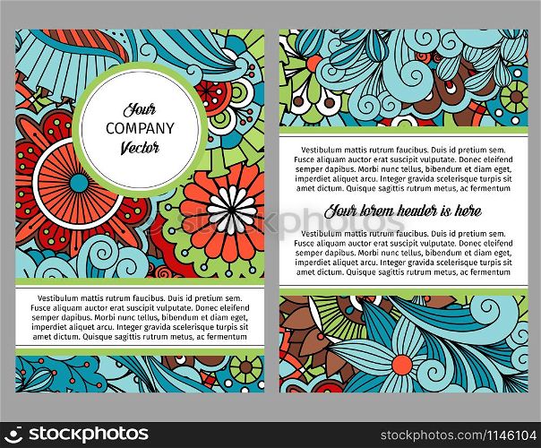 Brouchure design template for company with colorful floral ethnic pattern with leaves and swirls, vector illustration. Brouchure with floral ethnic pattern