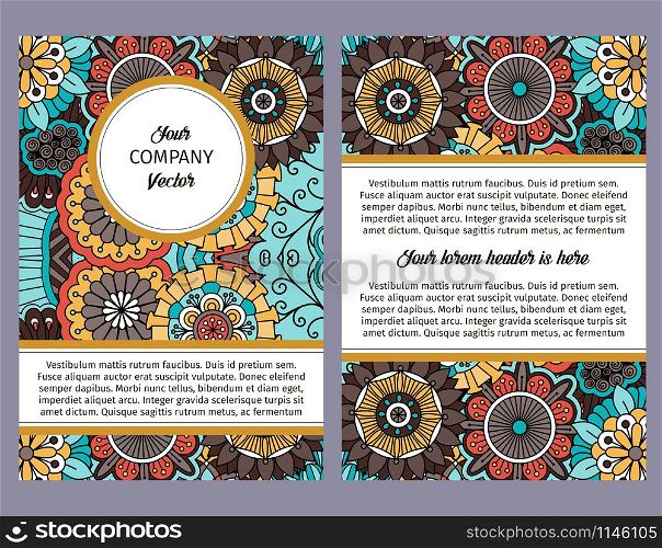 Brouchure design template for company with colorful ornamental vintage traditional colors floral decorative pattern, vector illustration. Brouchure design with colorful floral pattern