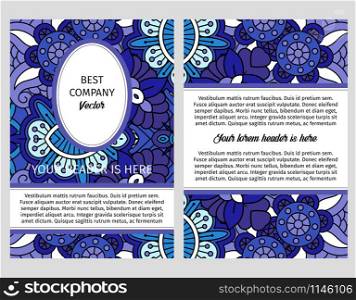 Brouchure design template for company with decorative blue floral ornamental pattern.. Brouchure with blue floral ornamental pattern.