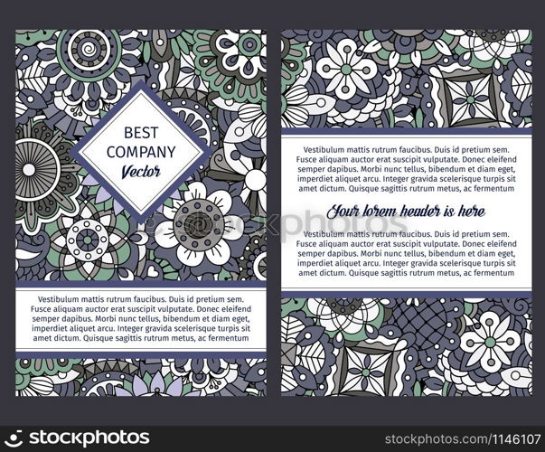 Brouchure design template for company with floral seamless decorative ornamental design pattern, vector illustration. Brouchure with floral seamless pattern