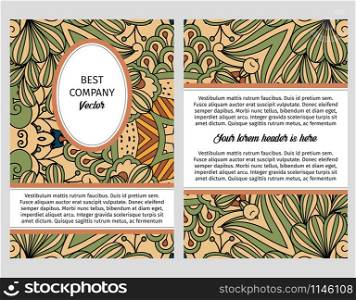 Brouchure design template for company with green and beige floral decorative outline pattern with leaves and swirls, vector illustration. Green and beige floral pattern brouchure