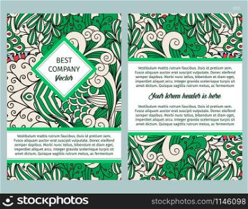 Brouchure design template for company with outline swirls and decorative elements in green and white colors, vector illustration. Brouchure design with green outline swirls