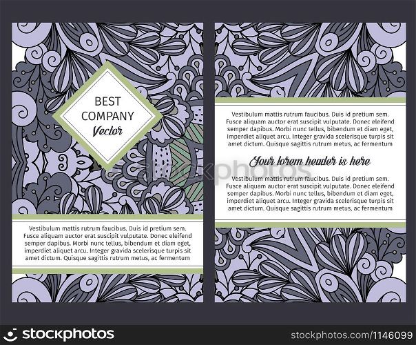 Brouchure design template for company with outline swirls and leaves in grey and black colors, vector illustration. Brouchure design with grey outline swirls