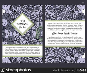 Brouchure design template for company with outline swirls and leaves in grey and black colors, vector illustration. Brouchure design with grey outline swirls