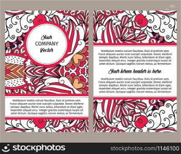 Brouchure design template for company with outline swirls in red colors, vector illustration. Brouchure design with red outline swirls
