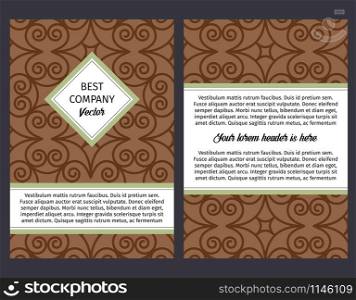 Brouchure design template for company with vintage brown swirl oriental decorative pattern, vector illustration. Brouchure with vintage brown swirl pattern