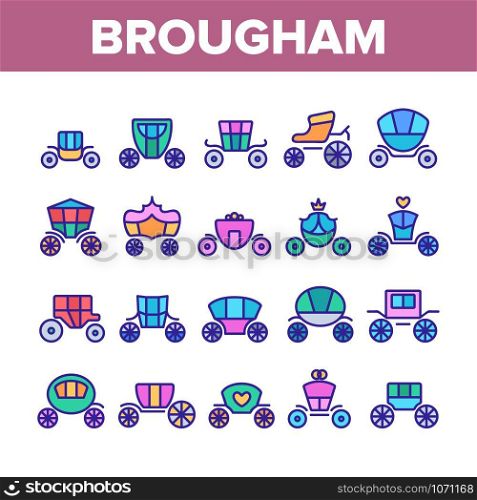Brougham Collection Elements Icons Set Vector Thin Line. Classical Antique Coach And Elegance Carriage, Luxury Brougham Princess Transport Concept Linear Pictograms. Color Illustrations. Brougham Collection Elements Icons Set Vector